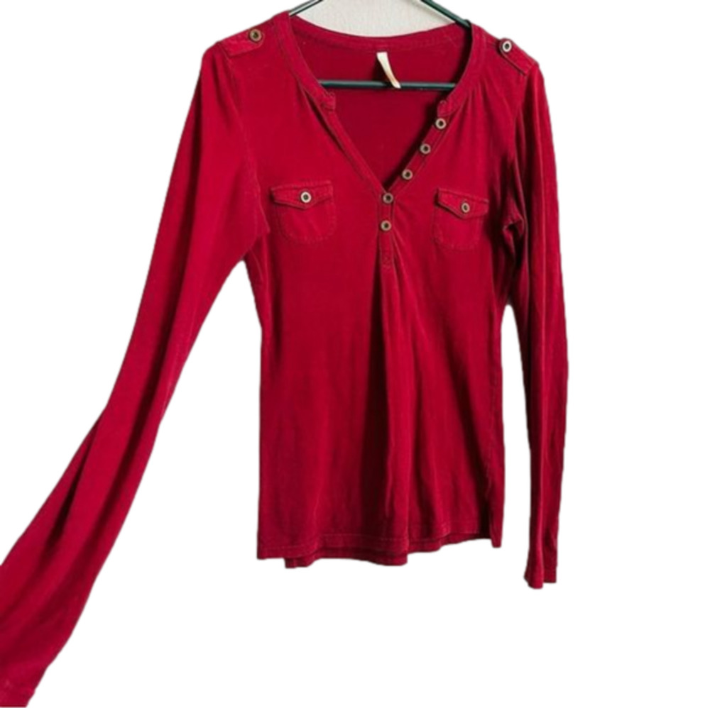 Maroon Long Sleeve V-Neck T-Shirt with Buttons